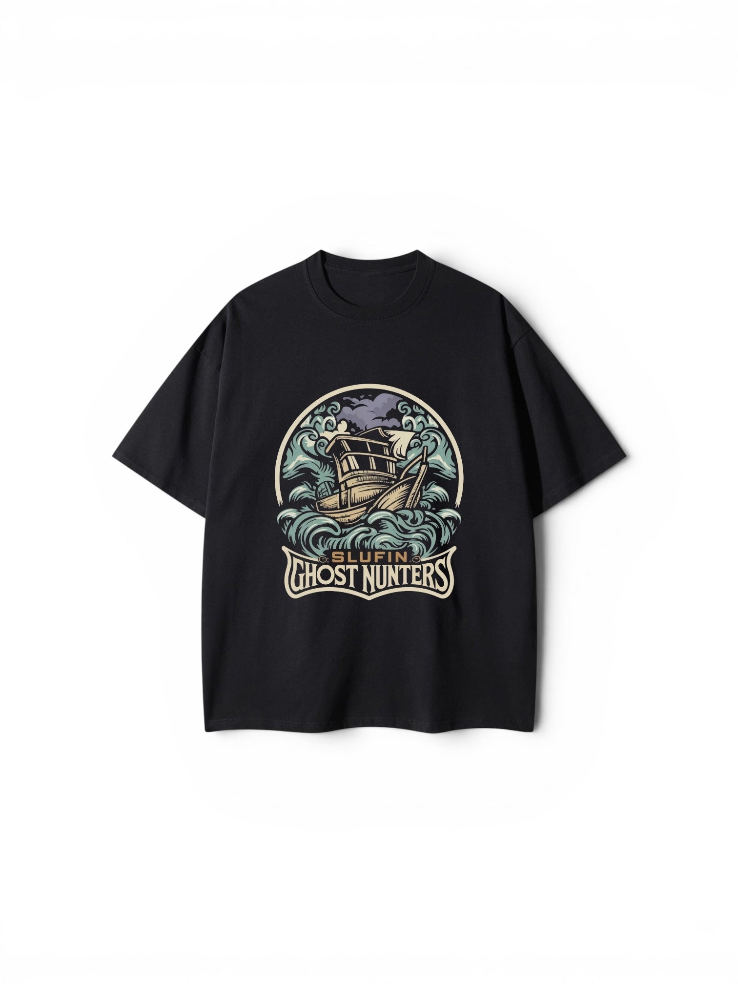 "GHOST HUNTERS" Nautical Graphic Oversized T-Shirt – Black Streetwear