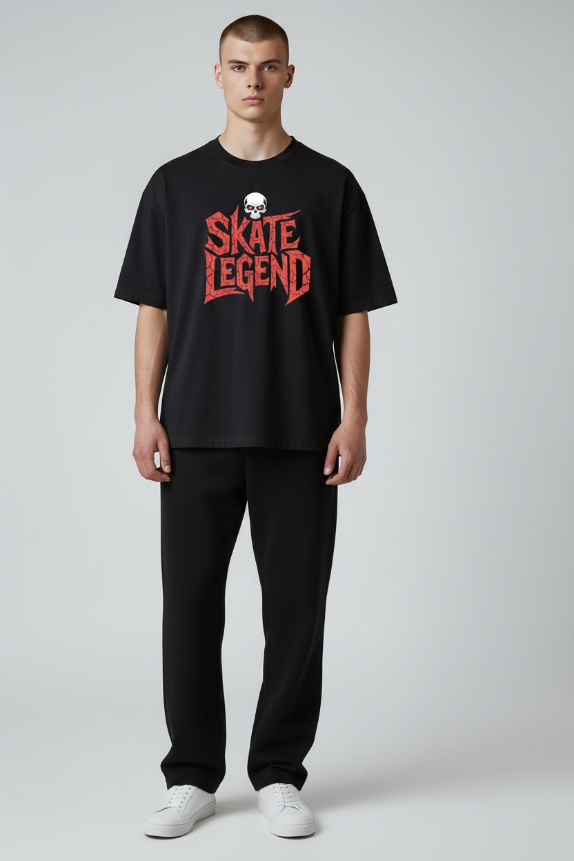 "SKATE LEGEND" Cracked Graphic Oversized T-Shirt – Black Streetwear