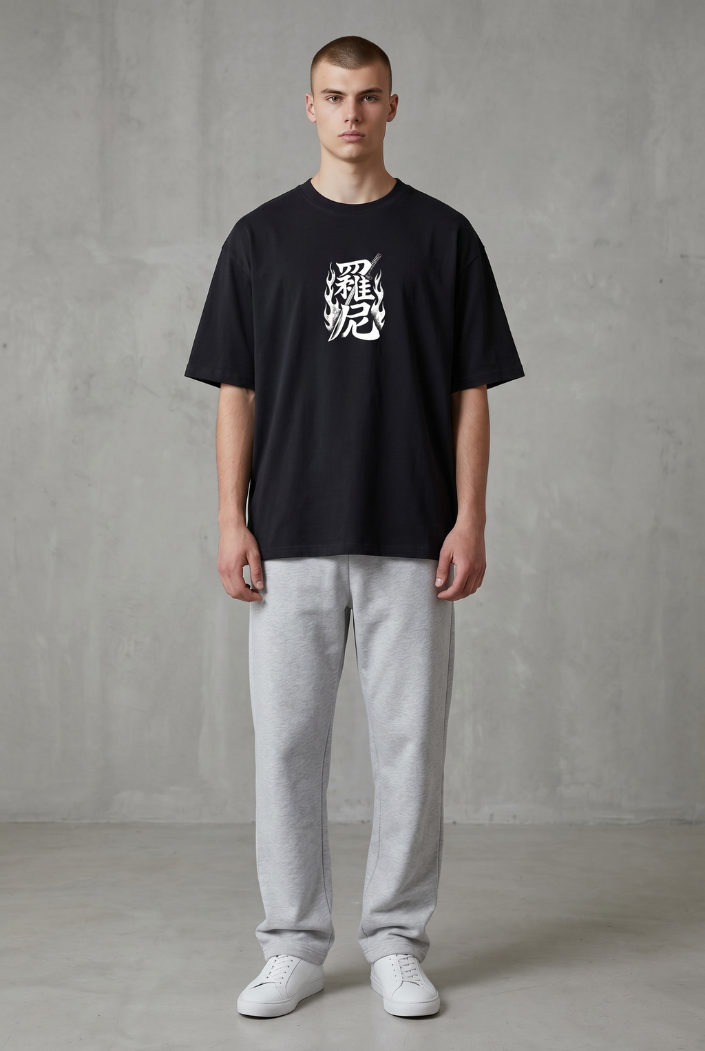 Japanese Katana & Flames T-Shirt – Unisex Drop Shoulder Black