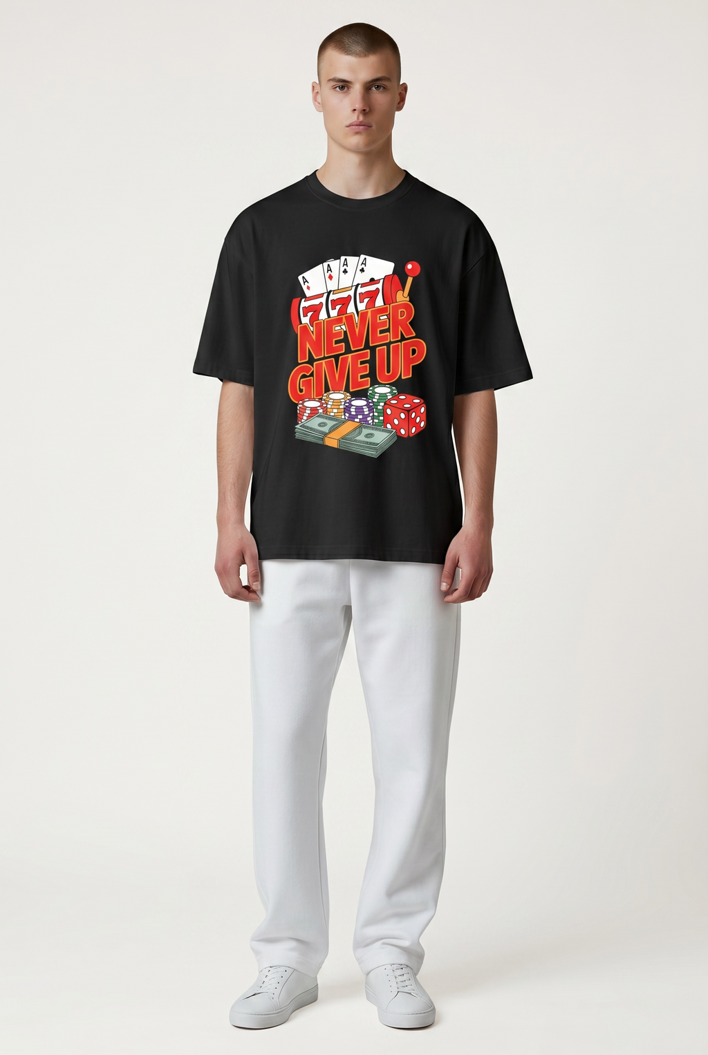 High Roller 'Never Give Up' Premium Heavyweight Tee | Oversized Drop-Shoulder Casino Graphic