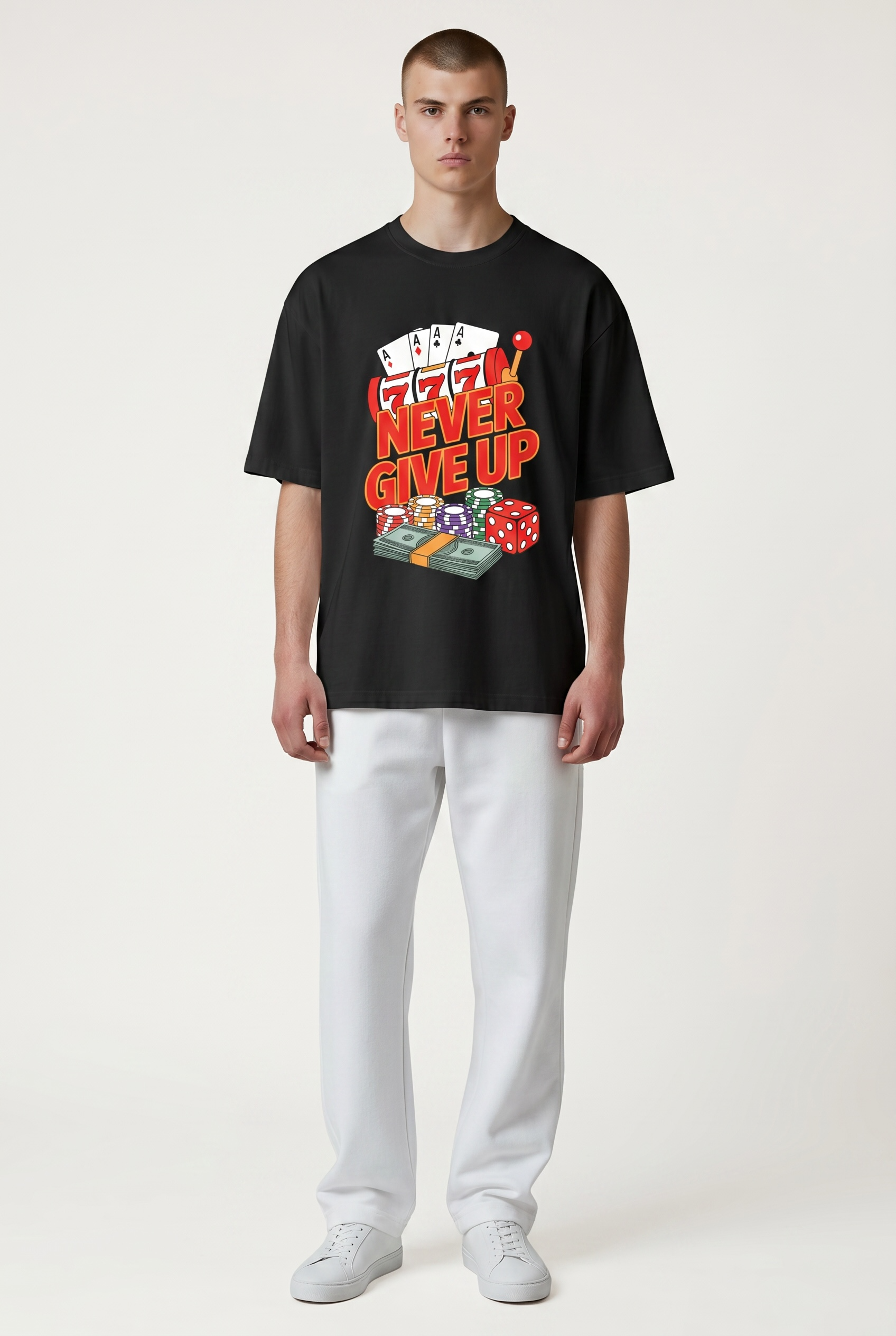 High Roller 'Never Give Up' Premium Heavyweight Tee | Oversized Drop-Shoulder Casino Graphic