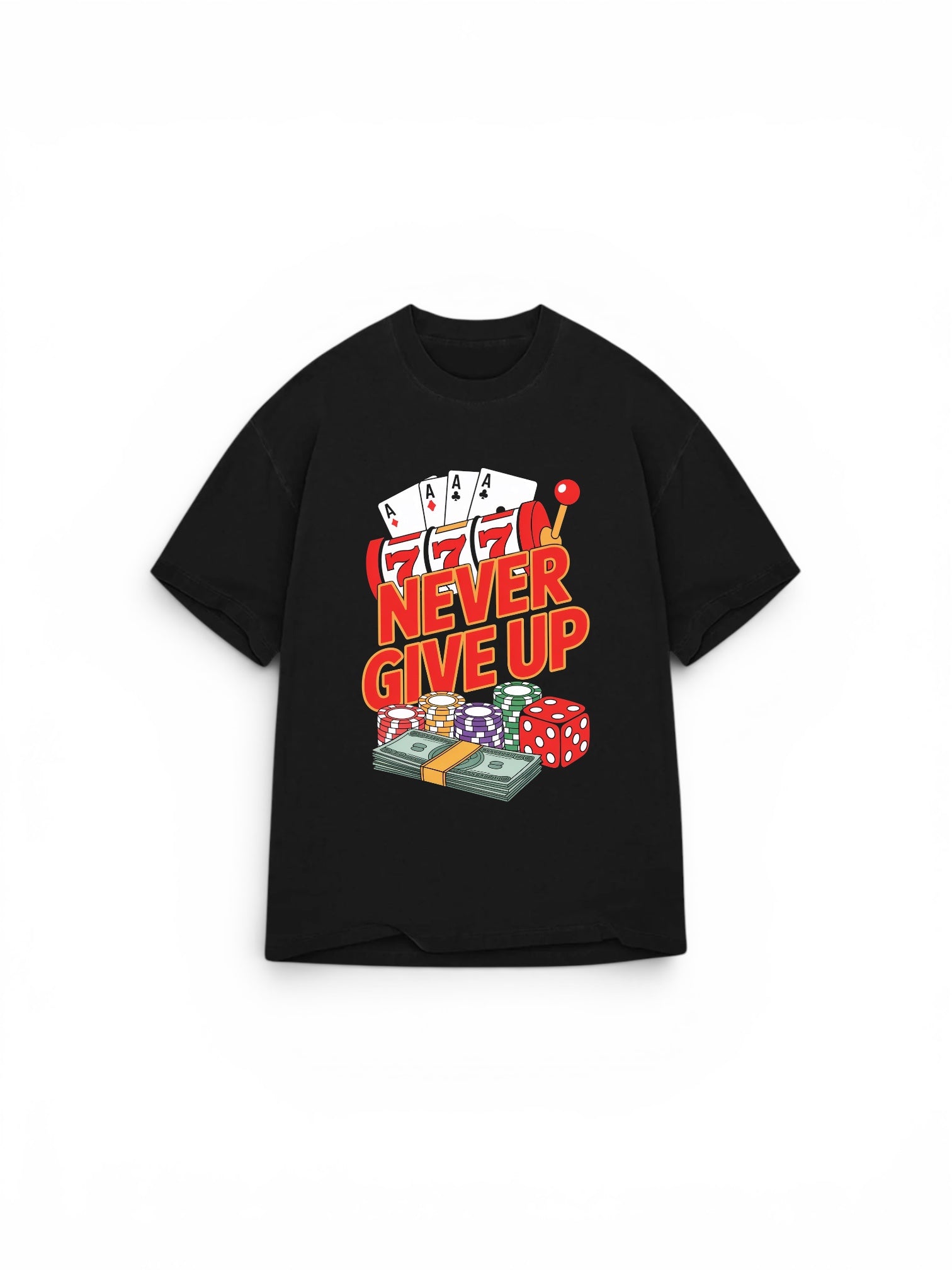 High Roller 'Never Give Up' Premium Heavyweight Tee | Oversized Drop-Shoulder Casino Graphic