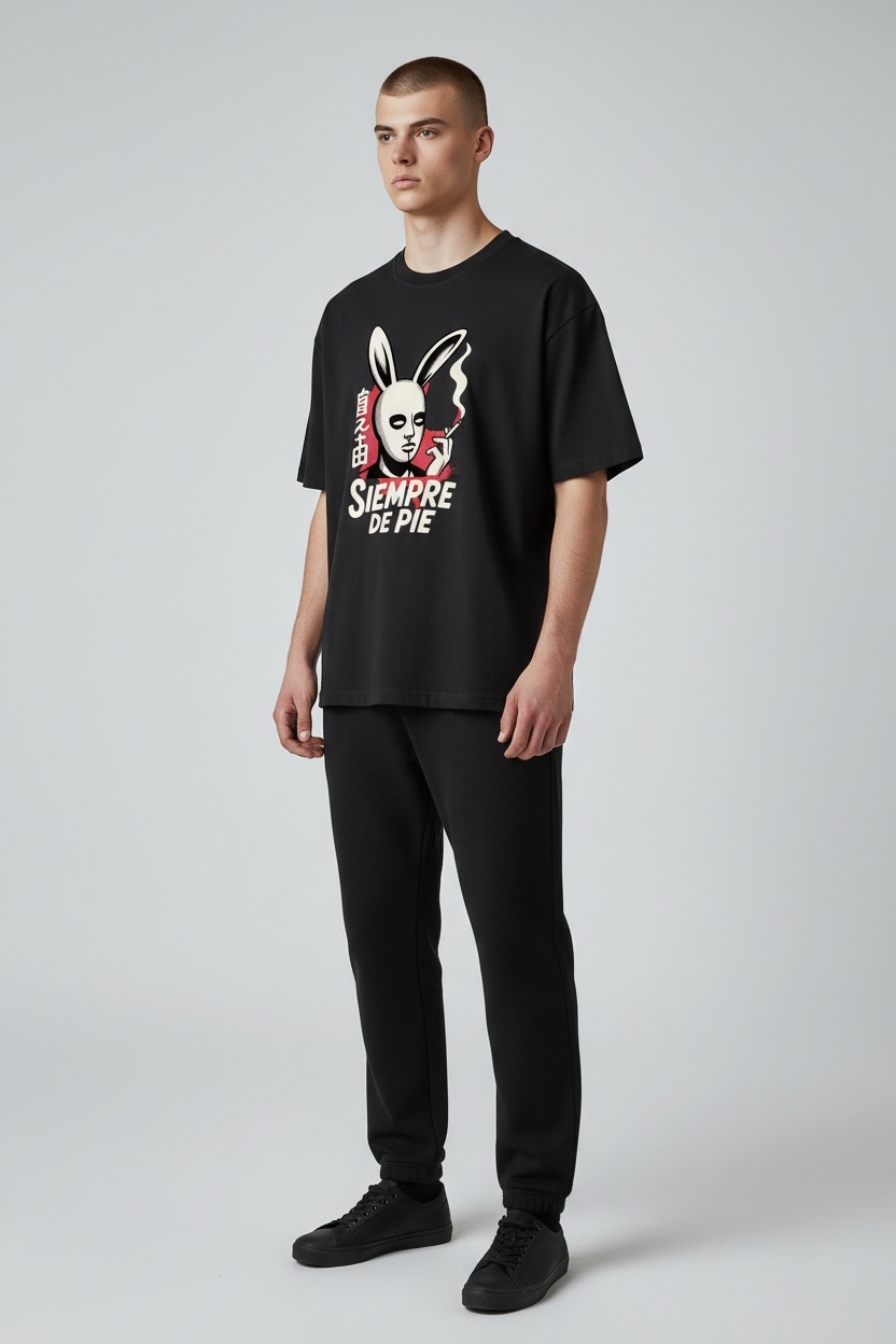 "SIEMPRE DE PIE" Rabbit Mask Graphic Oversized Tee – Black Alt-Streetwear