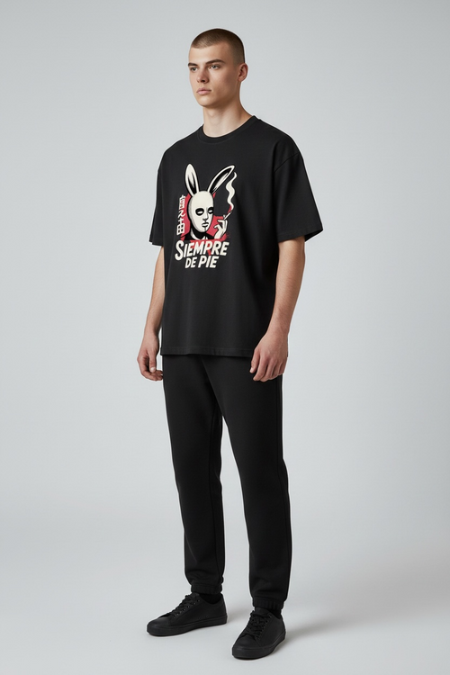 "SIEMPRE DE PIE" Rabbit Mask Graphic Oversized Tee – Black Alt-Streetwear