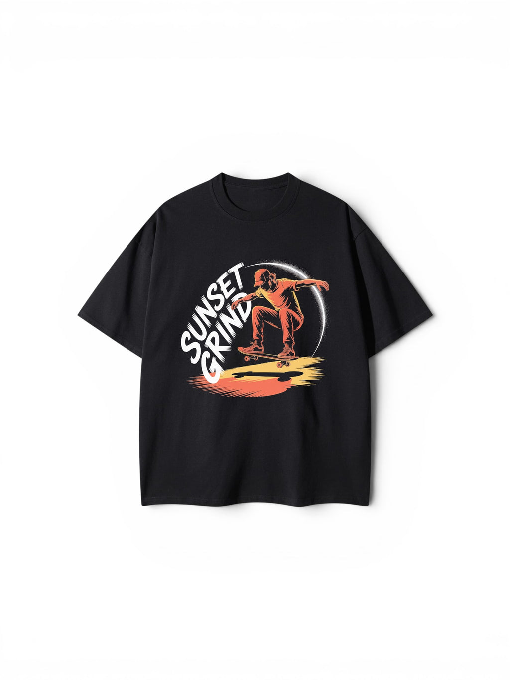 "SUNSET GRIND" Skater Graphic Oversized T-Shirt – Black