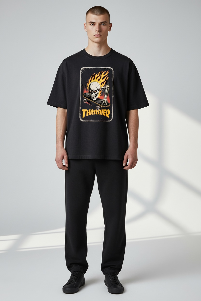 "THRASHER" Inspired Flame Graphic Oversized Tee – Black Skater Style