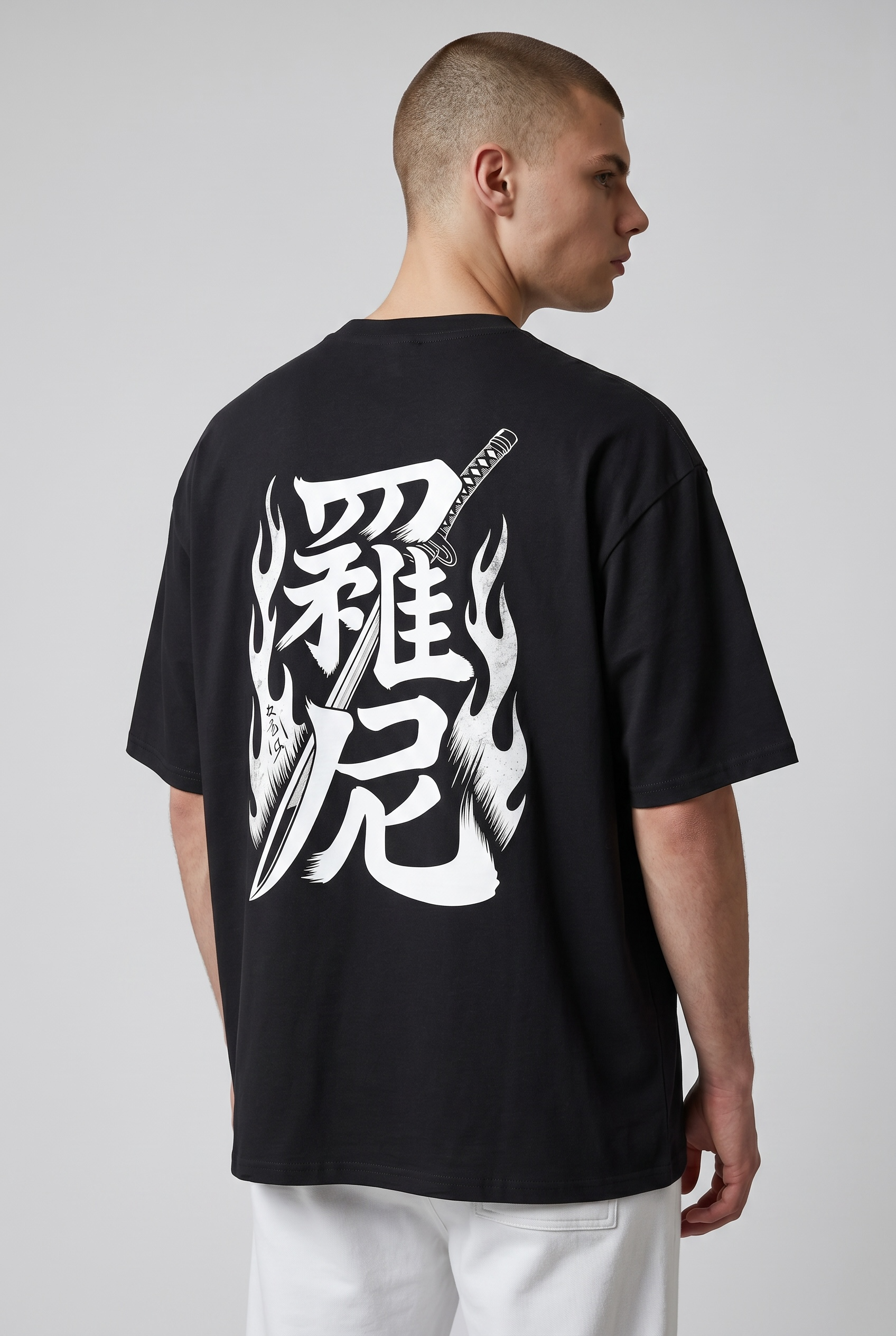 Japanese Katana & Flames T-Shirt – Unisex Drop Shoulder Black