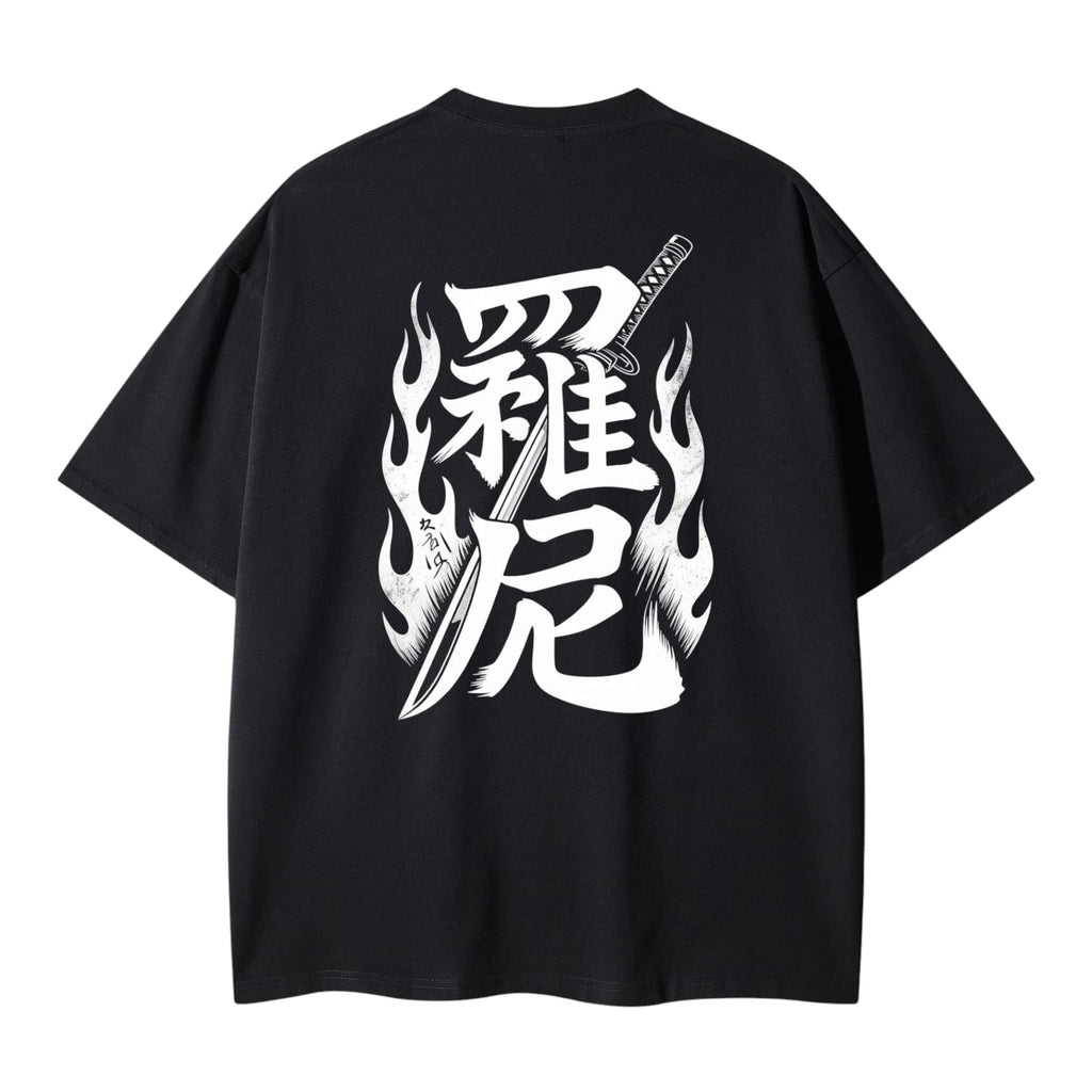 Japanese Katana & Flames T-Shirt – Unisex Drop Shoulder Black