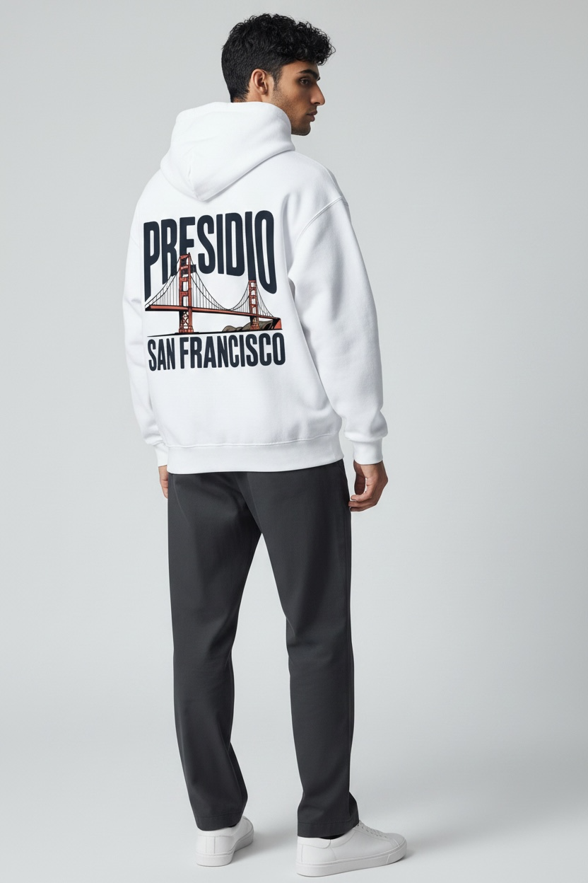 San Francisco Presidio Golden Gate Bridge Graphic Heavy Weight Hoodie - White