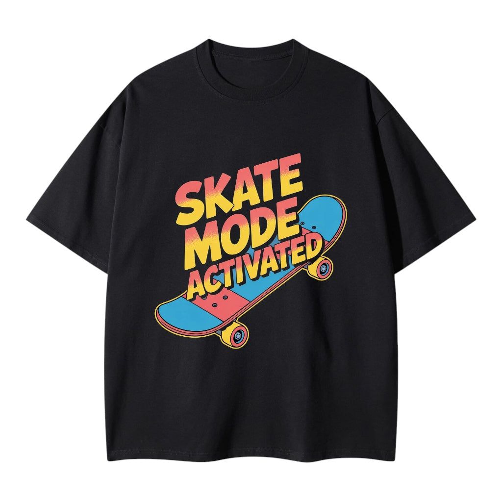 "SKATE MODE ACTIVATED" Retro Neon 80s Gradient Oversized Tee – Black