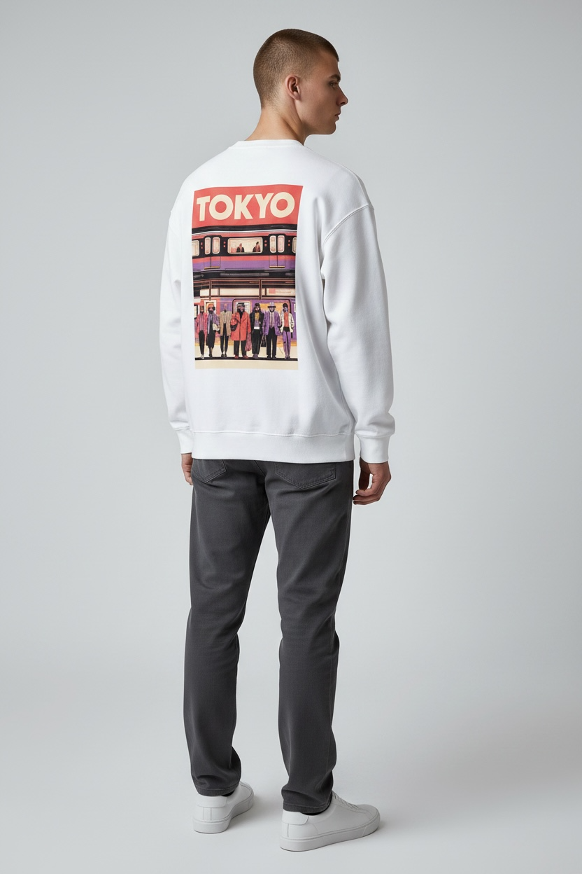 Tokyo Metro Graphic Heavyweight Sweatshirt – Premium Boxy Fit White Jumper