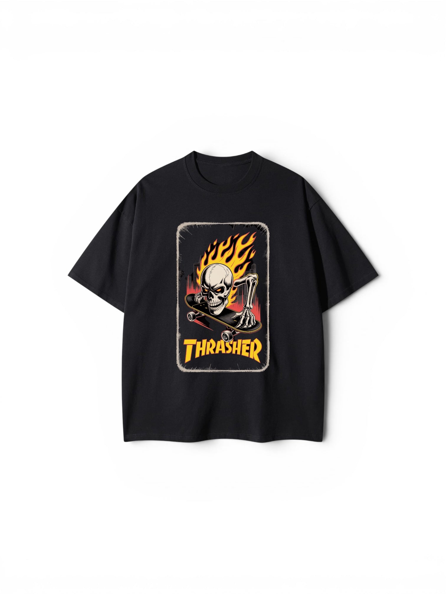 "THRASHER" Inspired Flame Graphic Oversized Tee – Black Skater Style