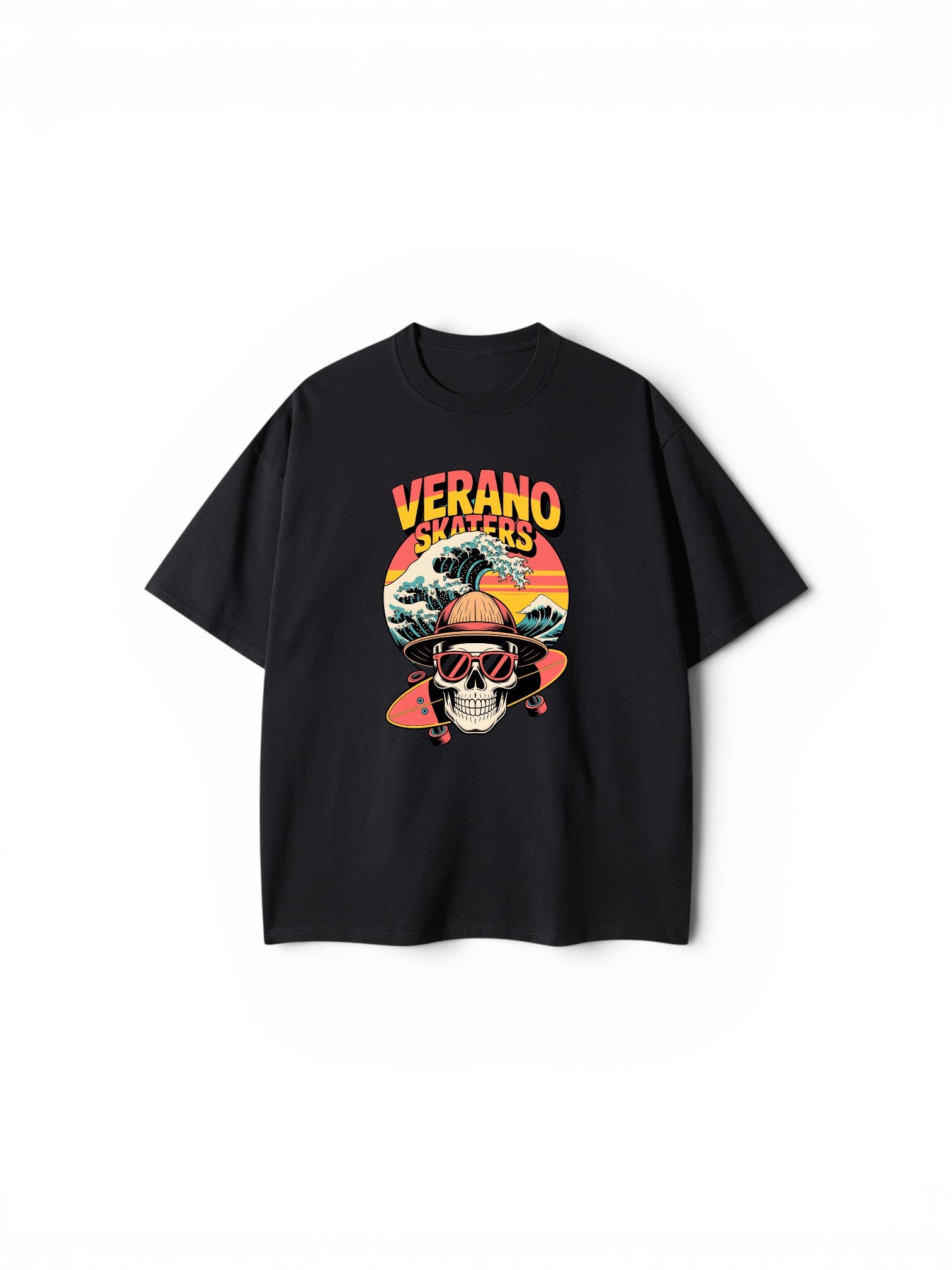 "VERANO SKATERS" Sunset Graphic Oversized Tee – Black