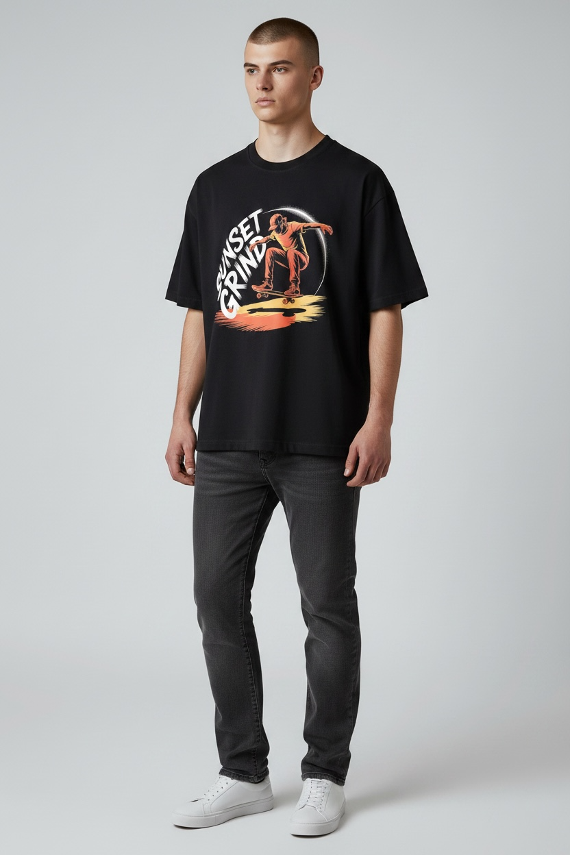 "SUNSET GRIND" Skater Graphic Oversized T-Shirt – Black