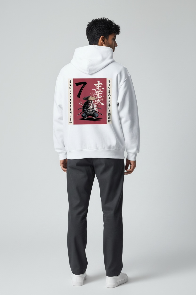 Ronin Warrior & Cherry Blossom Back Print Heavy Weight Hoodie - White