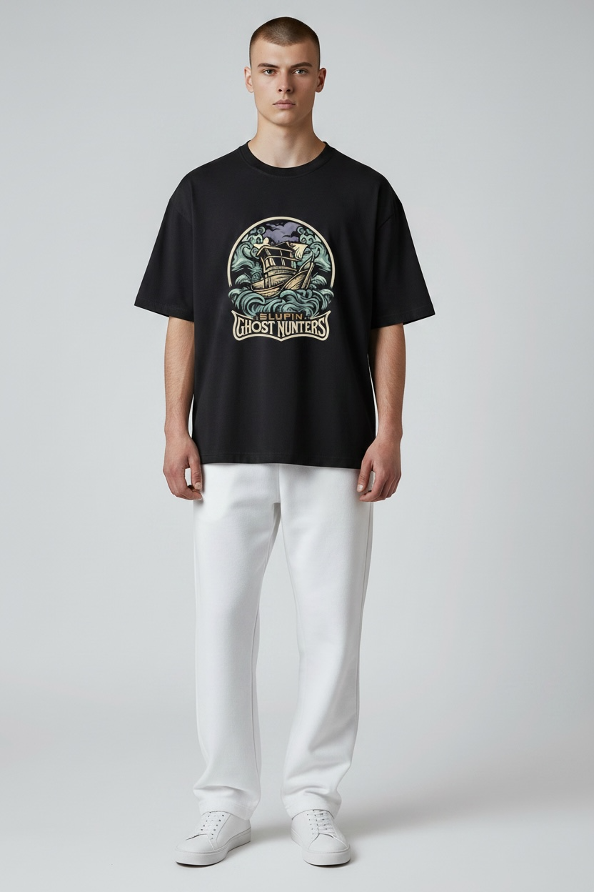 "GHOST HUNTERS" Nautical Graphic Oversized T-Shirt – Black Streetwear