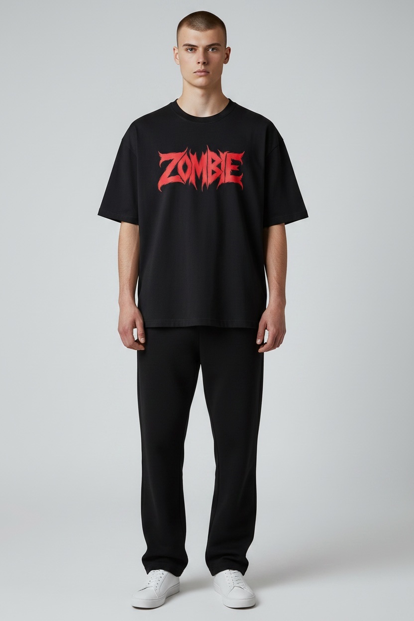 "ZOMBIE" Red Metal Typography Oversized Tee – Black Streetwear