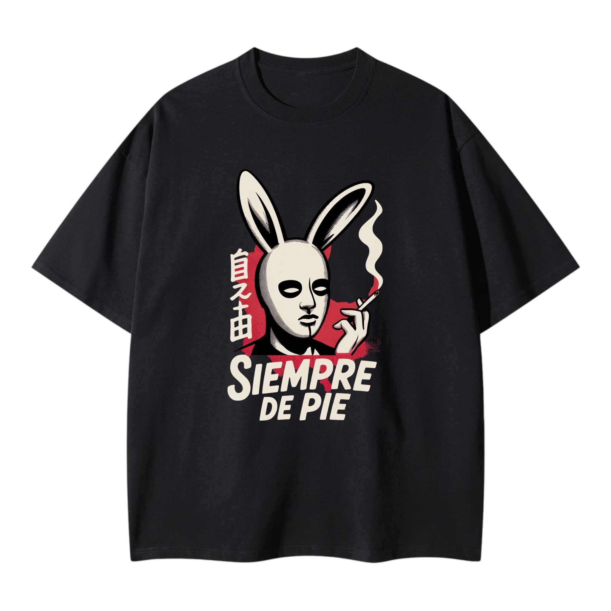 "SIEMPRE DE PIE" Rabbit Mask Graphic Oversized Tee – Black Alt-Streetwear