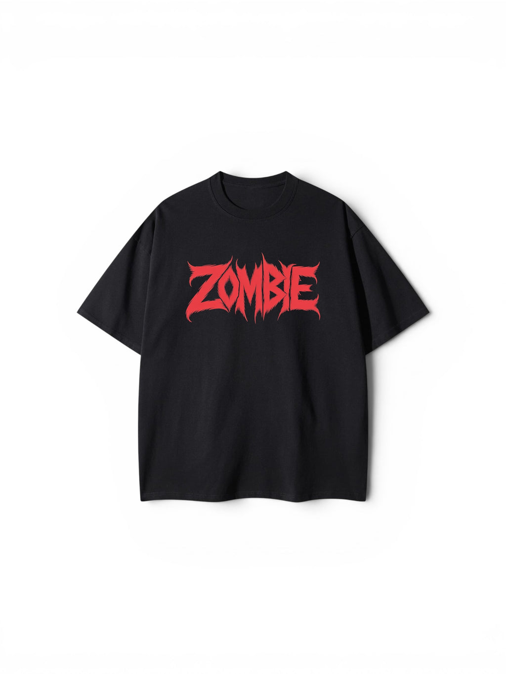"ZOMBIE" Red Metal Typography Oversized Tee – Black Streetwear