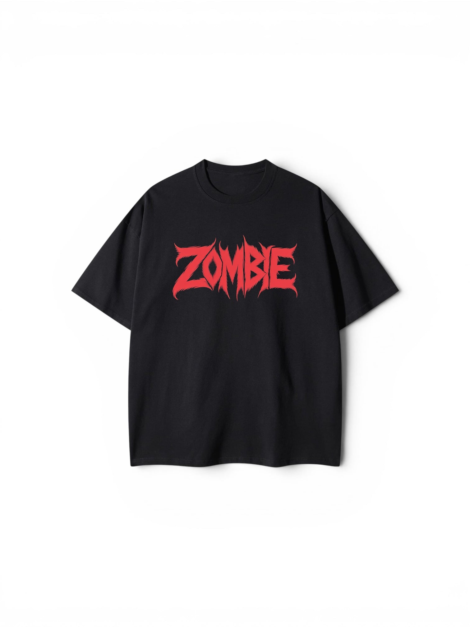 "ZOMBIE" Red Metal Typography Oversized Tee – Black Streetwear