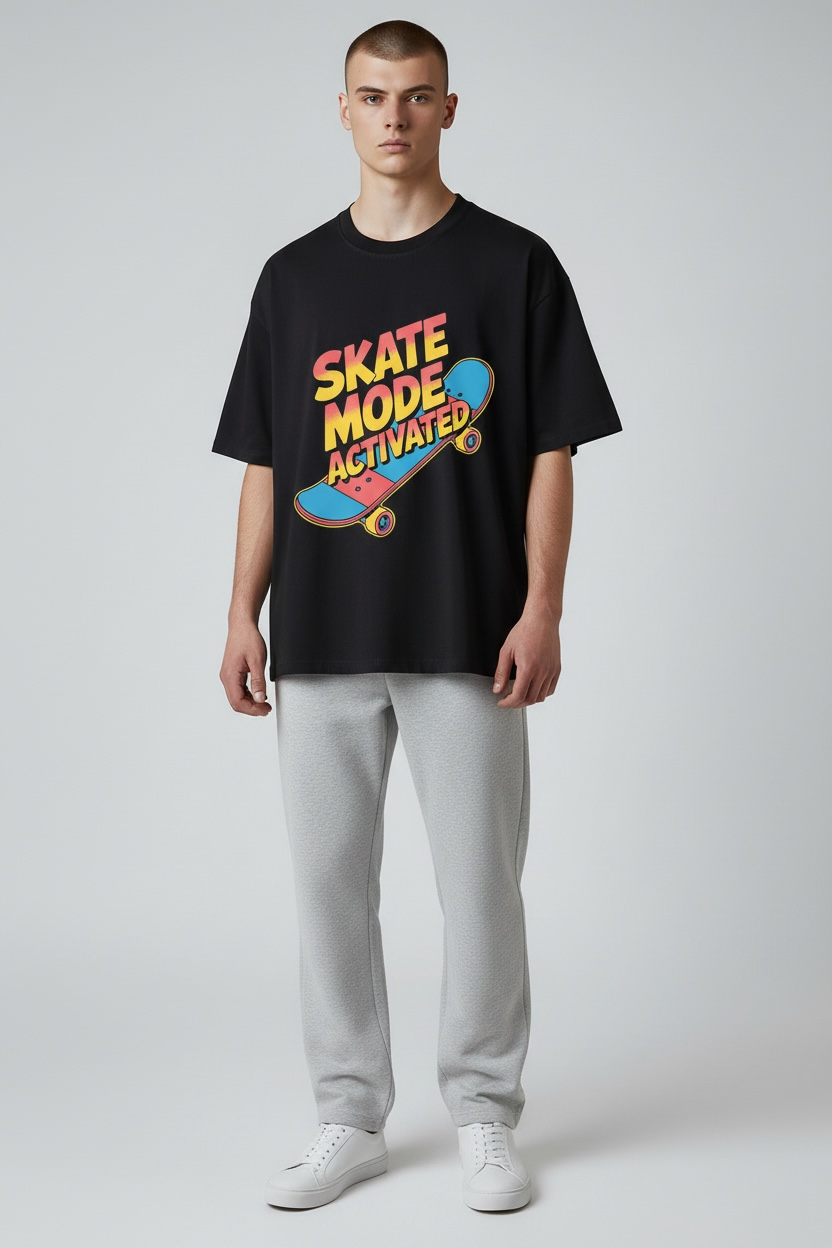 "SKATE MODE ACTIVATED" Retro Neon 80s Gradient Oversized Tee – Black